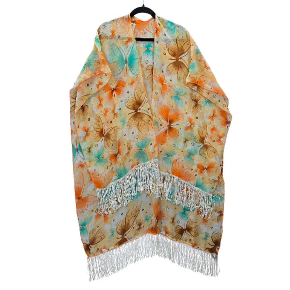 Orange Butterfly Long Open Fringe Boho Beach‎ Swim Cover Up Duster Kimono OS